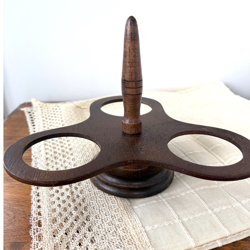Vintage Dark Wood 3 Hole Condiment Caddy Cruet Stand with Handle